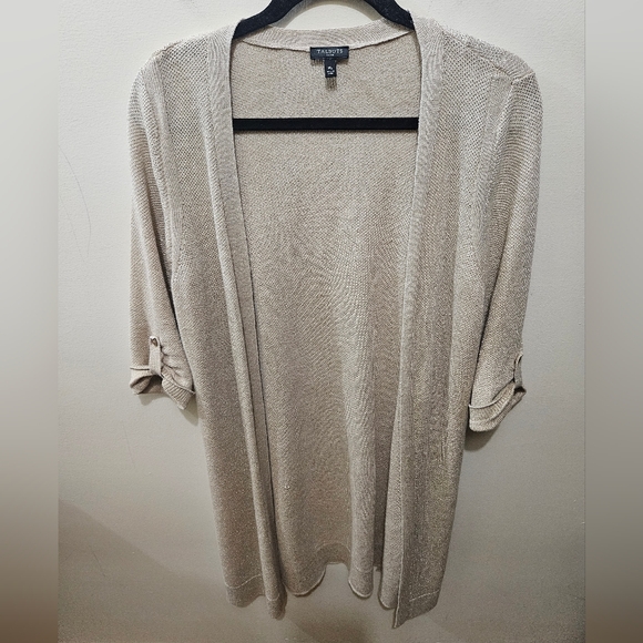 Talbots Tan Gold Open Front Linen Long Office Coastal Cardigan Medium Petite - Picture 1 of 11